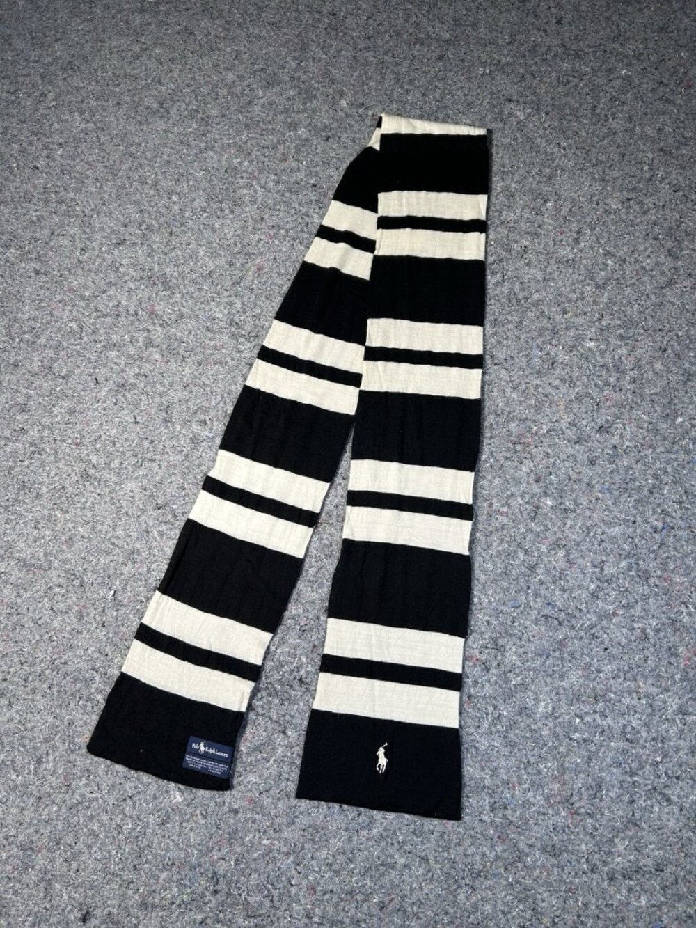 Polo Ralph Lauren 100% Merino Wool Striped Scarf Black Cream Embroidered Pony